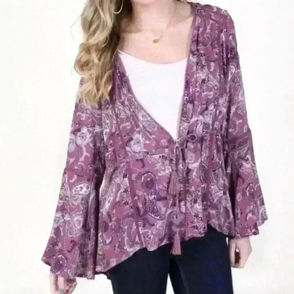 Altar’d State Mauve Purple Paisley Boho Tie-Front Top S - Picture 10 of 10